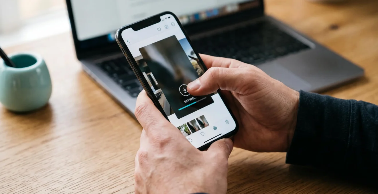 Gros plan sur des mains tenant un smartphone et enregistrant une vidéo verticale depuis une interface générique.